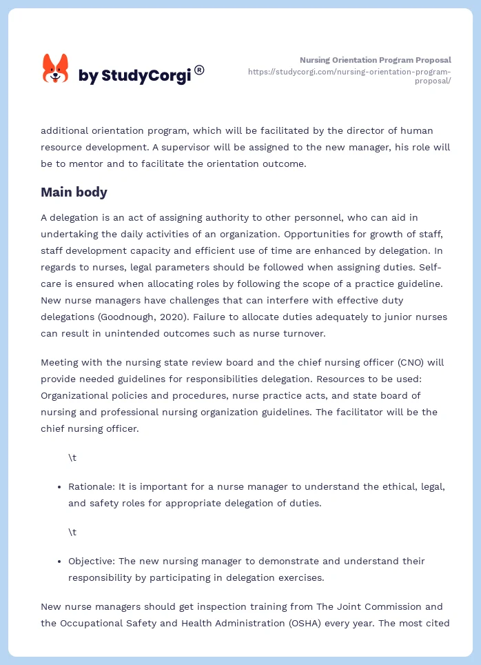 Nursing Orientation Program Proposal. Page 2