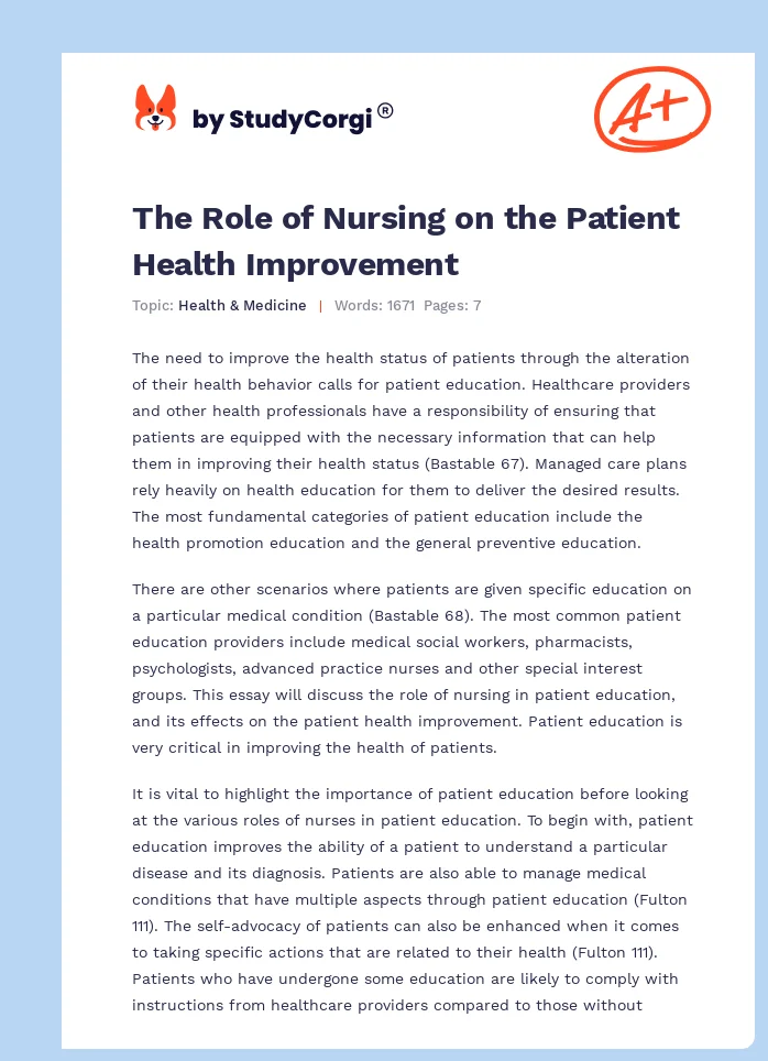 The Role of Nursing on the Patient Health Improvement. Page 1