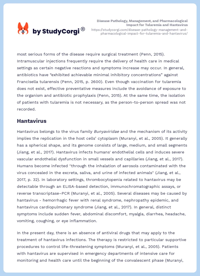 Disease Pathology, Management, and Pharmacological Impact for Tularemia and Hantavirus. Page 2