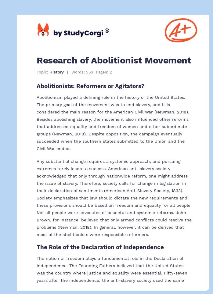 Research of Abolitionist Movement. Page 1
