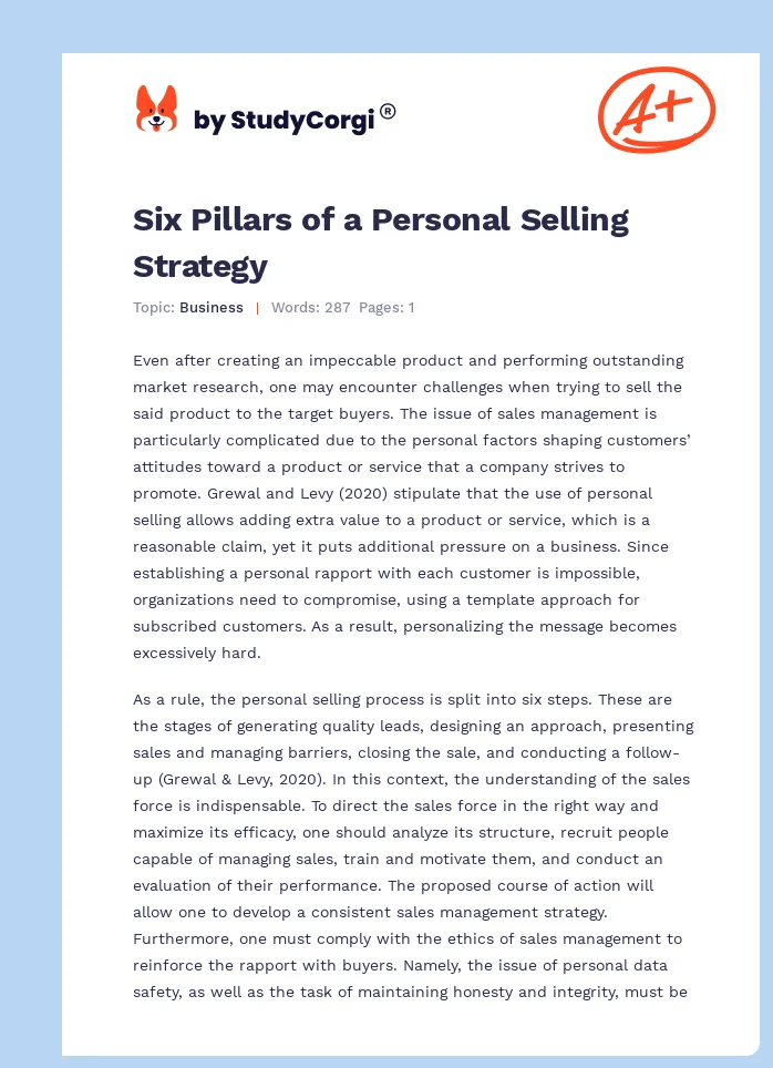 Six Pillars of a Personal Selling Strategy. Page 1