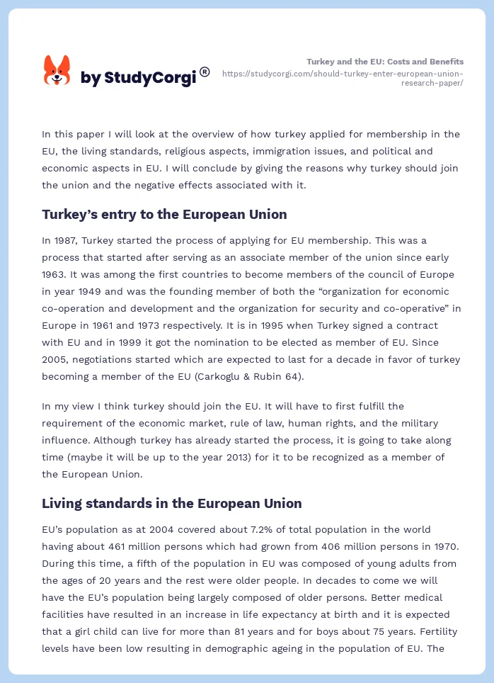 Turkey and the EU: Costs and Benefits. Page 2