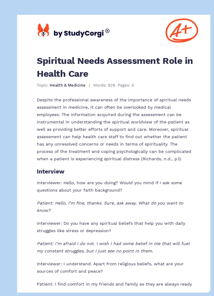 Spiritual Needs Assessment Role in Health Care. Page 1