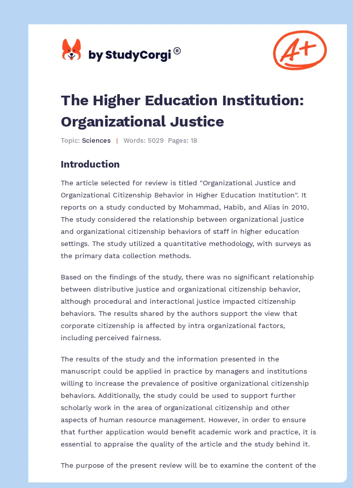 The Higher Education Institution: Organizational Justice. Page 1