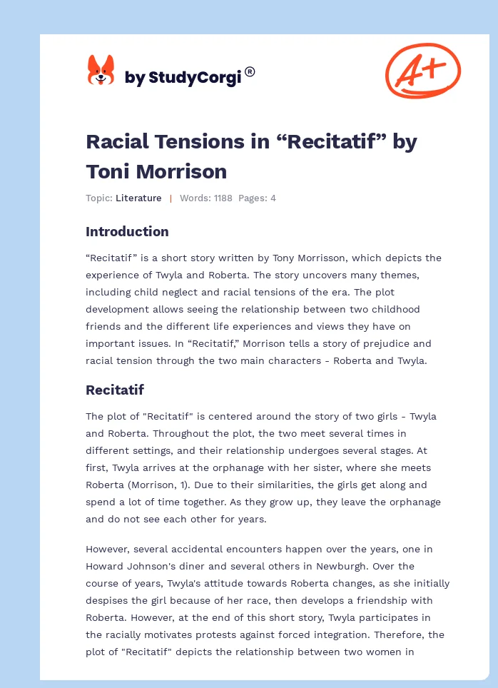 Racial Tensions in “Recitatif” by Toni Morrison. Page 1