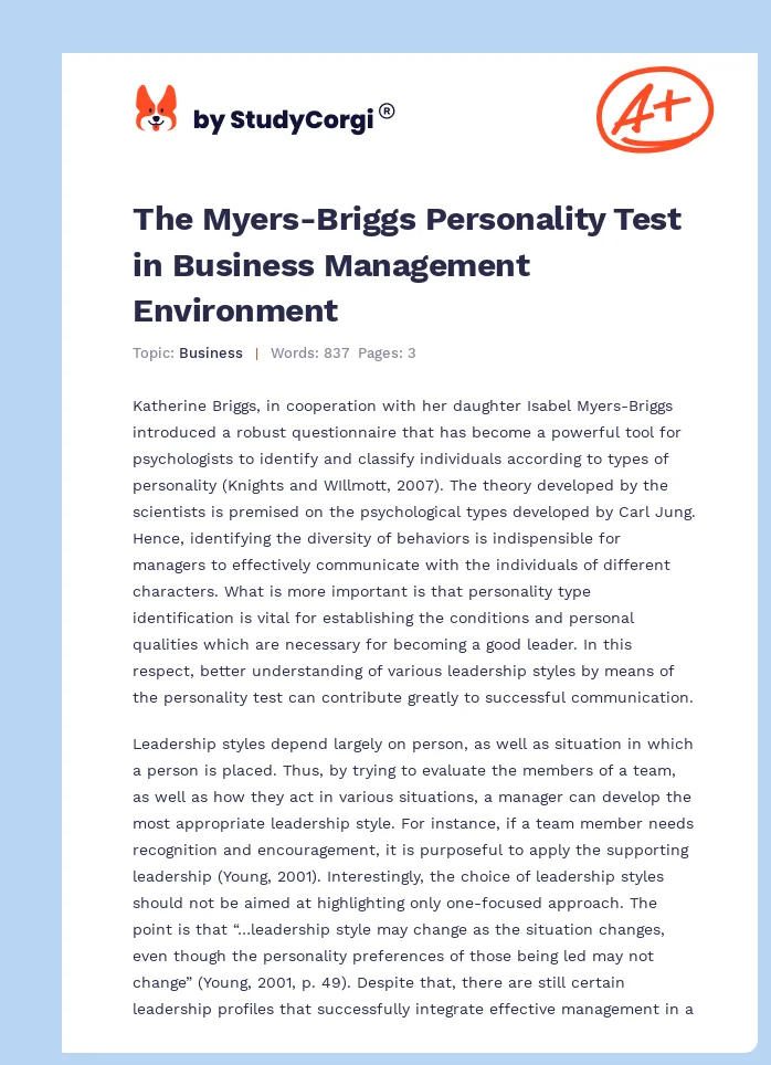 The Myers-Briggs Personality Test in Business Management Environment. Page 1