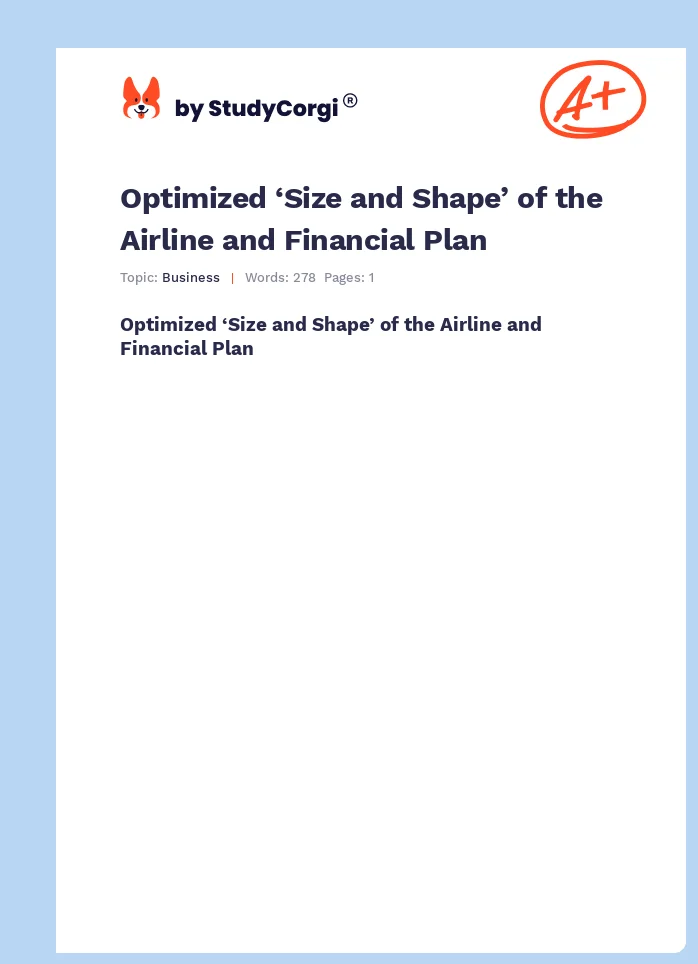 Optimized ‘Size and Shape’ of the Airline and Financial Plan. Page 1
