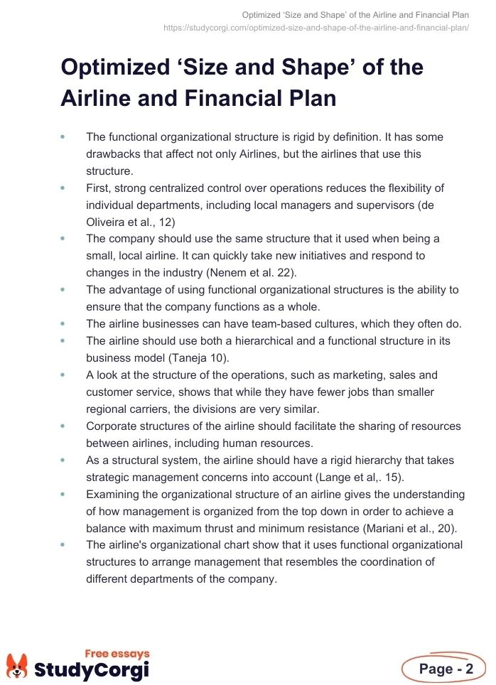 Optimized ‘Size and Shape’ of the Airline and Financial Plan. Page 2