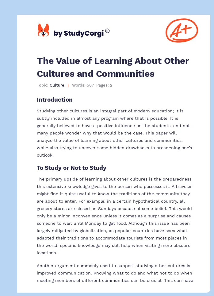 The Value of Learning About Other Cultures and Communities. Page 1