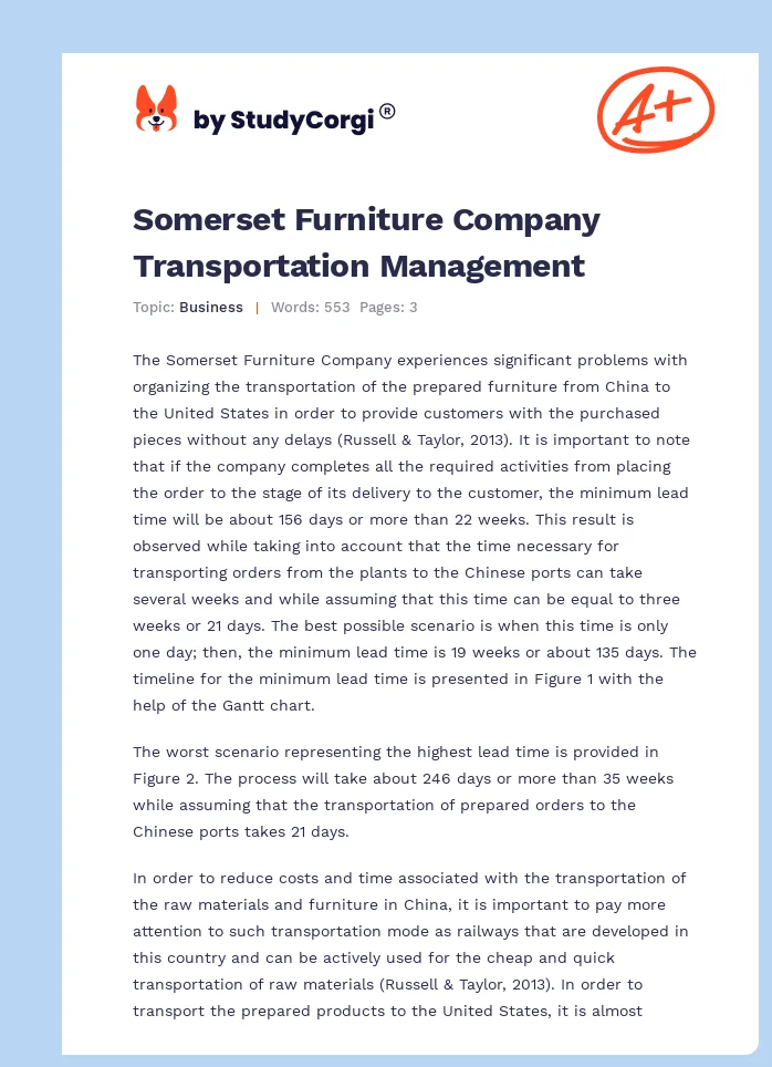 Somerset Furniture Company Transportation Management. Page 1
