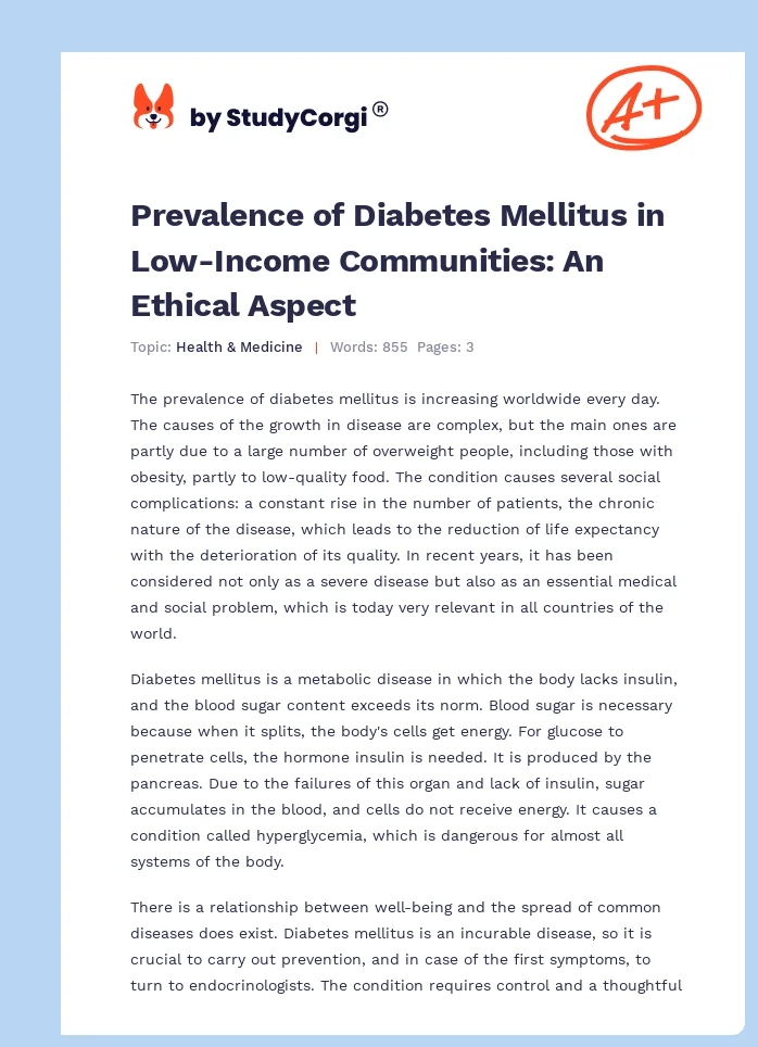 Prevalence of Diabetes Mellitus in Low-Income Communities: An Ethical Aspect. Page 1