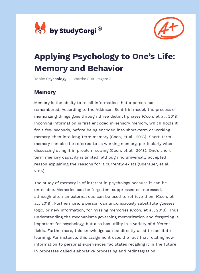Applying Psychology to One’s Life: Memory and Behavior. Page 1