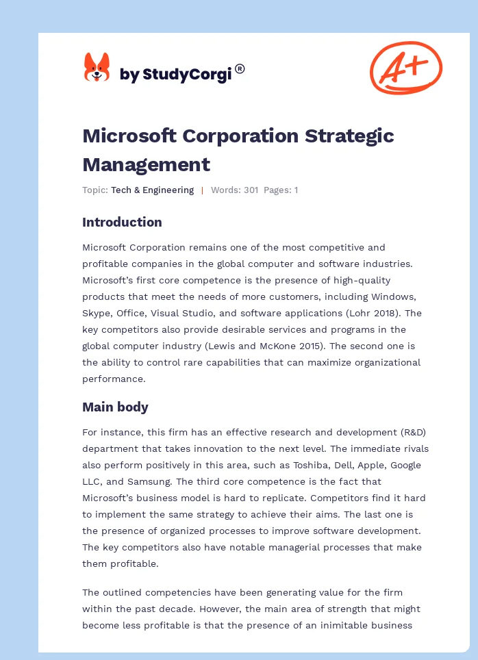 Microsoft Corporation Strategic Management. Page 1