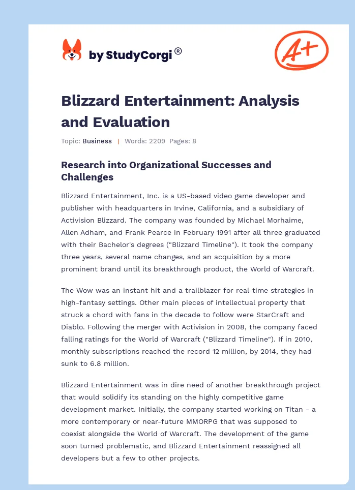 Blizzard Entertainment: Analysis and Evaluation. Page 1