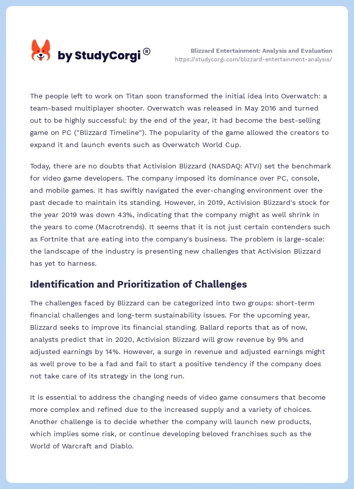 Blizzard Entertainment: Analysis and Evaluation. Page 2