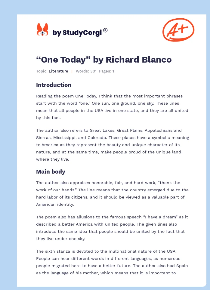 “One Today” by Richard Blanco. Page 1