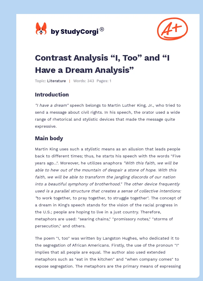 Contrast Analysis “I, Too” and “I Have a Dream Analysis”. Page 1
