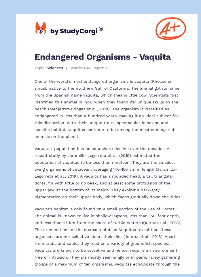 Endangered Organisms - Vaquita. Page 1
