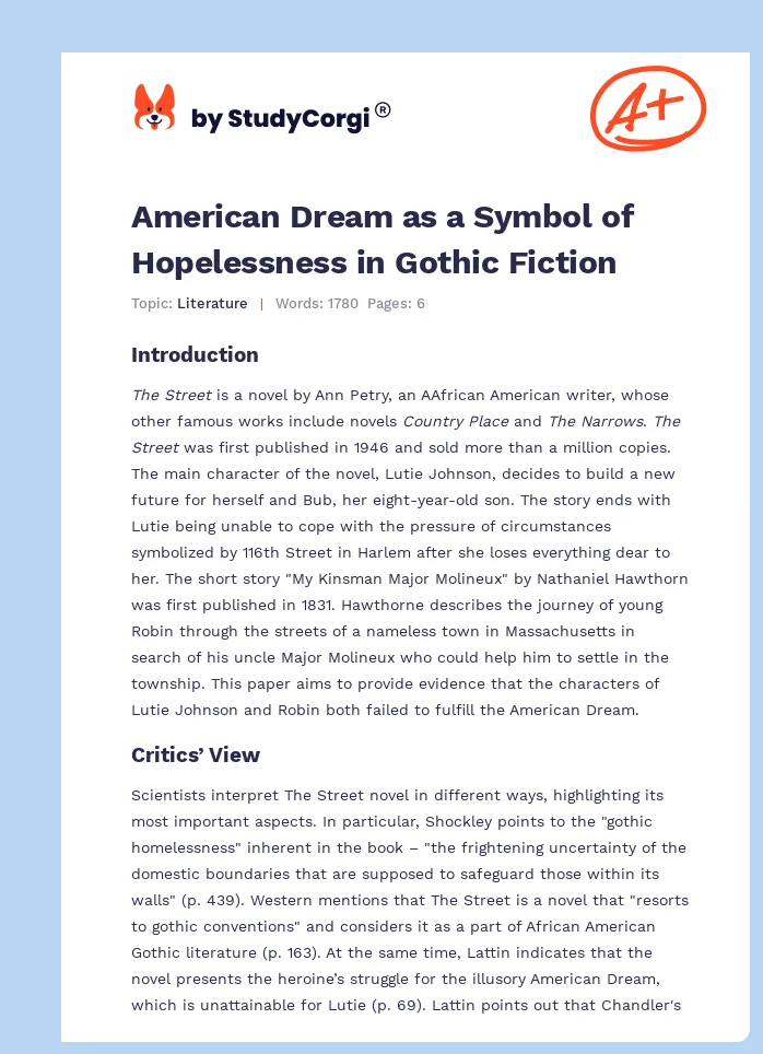 American Dream as a Symbol of Hopelessness in Gothic Fiction. Page 1