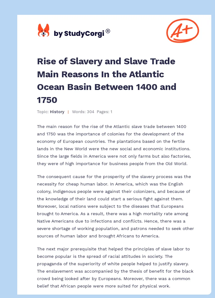 Rise of Slavery and Slave Trade Main Reasons In the Atlantic Ocean Basin Between 1400 and 1750. Page 1