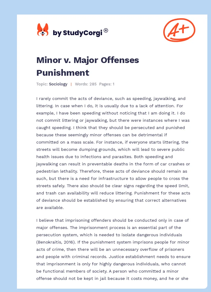 Minor v. Major Offenses Punishment. Page 1