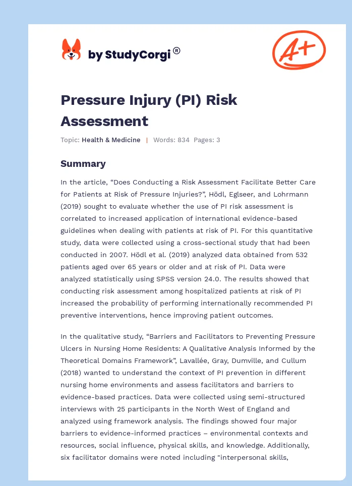 Pressure Injury (PI) Risk Assessment. Page 1