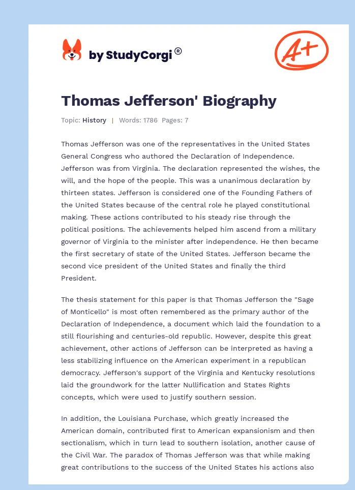 Thomas Jefferson' Biography. Page 1
