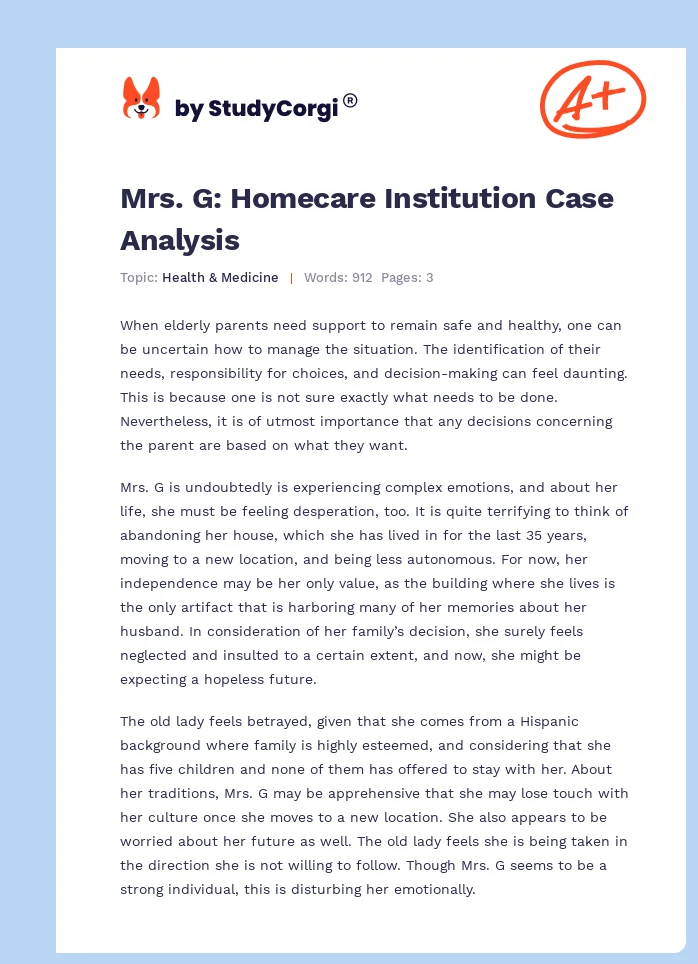 Mrs. G: Homecare Institution Case Analysis. Page 1