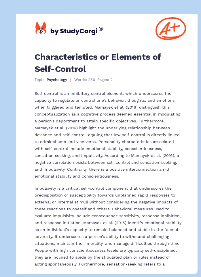 Characteristics or Elements of Self-Control. Page 1