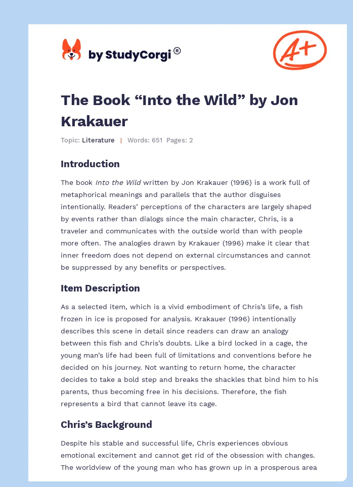 The Book “Into the Wild” by Jon Krakauer. Page 1