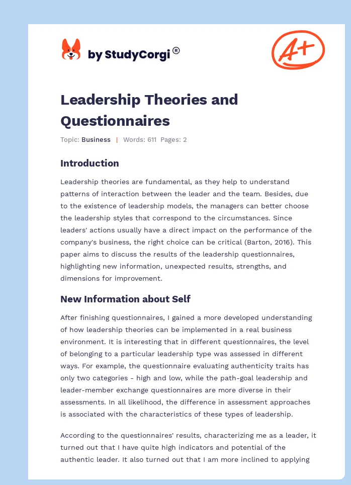 Leadership Theories and Questionnaires. Page 1
