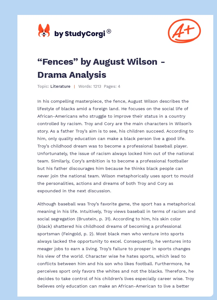 “Fences” by August Wilson - Drama Analysis. Page 1