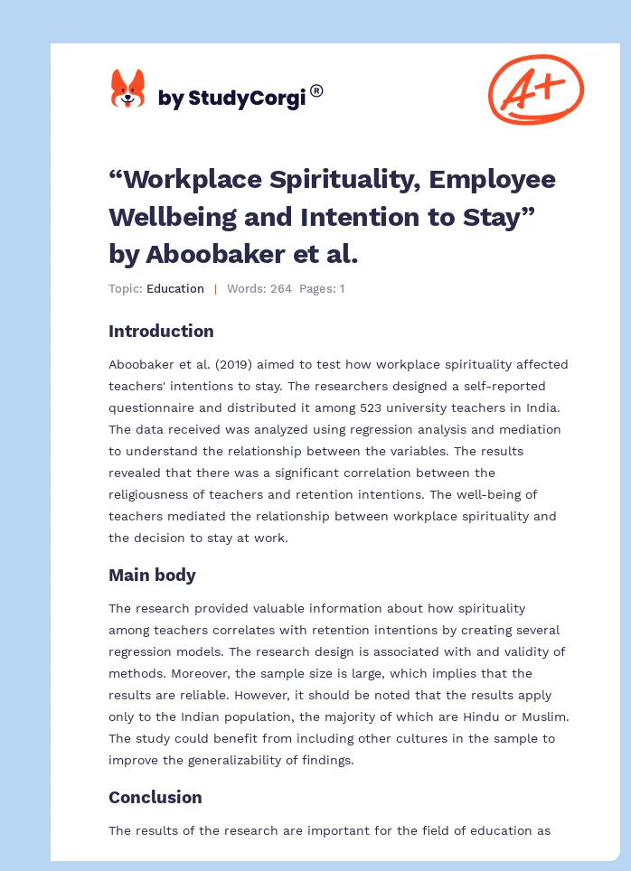 “Workplace Spirituality, Employee Wellbeing and Intention to Stay” by Aboobaker et al.. Page 1