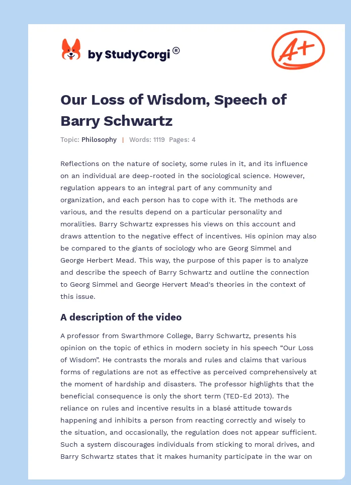 Our Loss of Wisdom, Speech of Barry Schwartz. Page 1