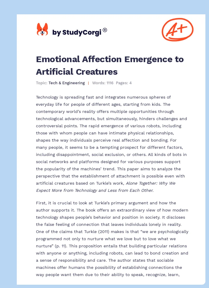 Emotional Affection Emergence to Artificial Creatures. Page 1