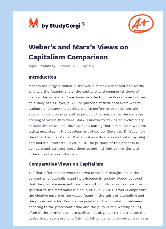 Weber’s and Marx’s Views on Capitalism Comparison. Page 1
