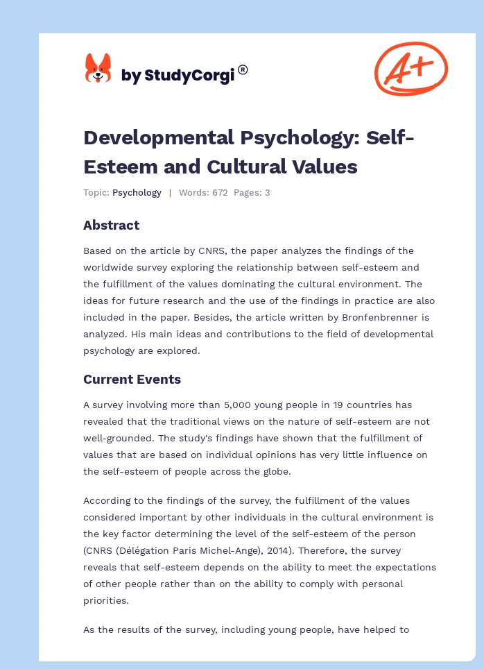 Developmental Psychology: Self-Esteem and Cultural Values. Page 1