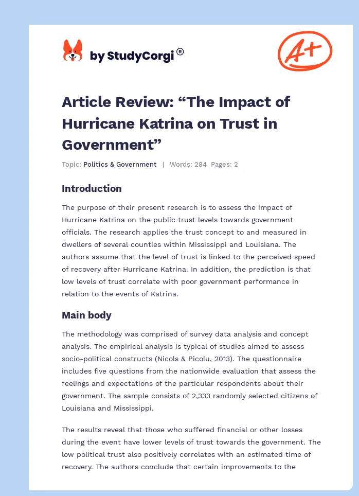 Article Review: “The Impact of Hurricane Katrina on Trust in Government”. Page 1