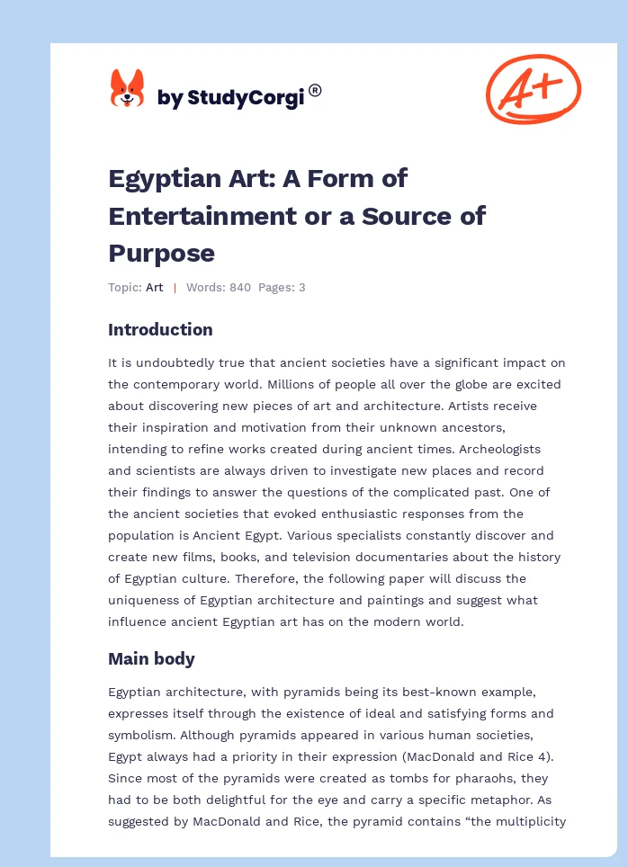 Egyptian Art: A Form of Entertainment or a Source of Purpose. Page 1