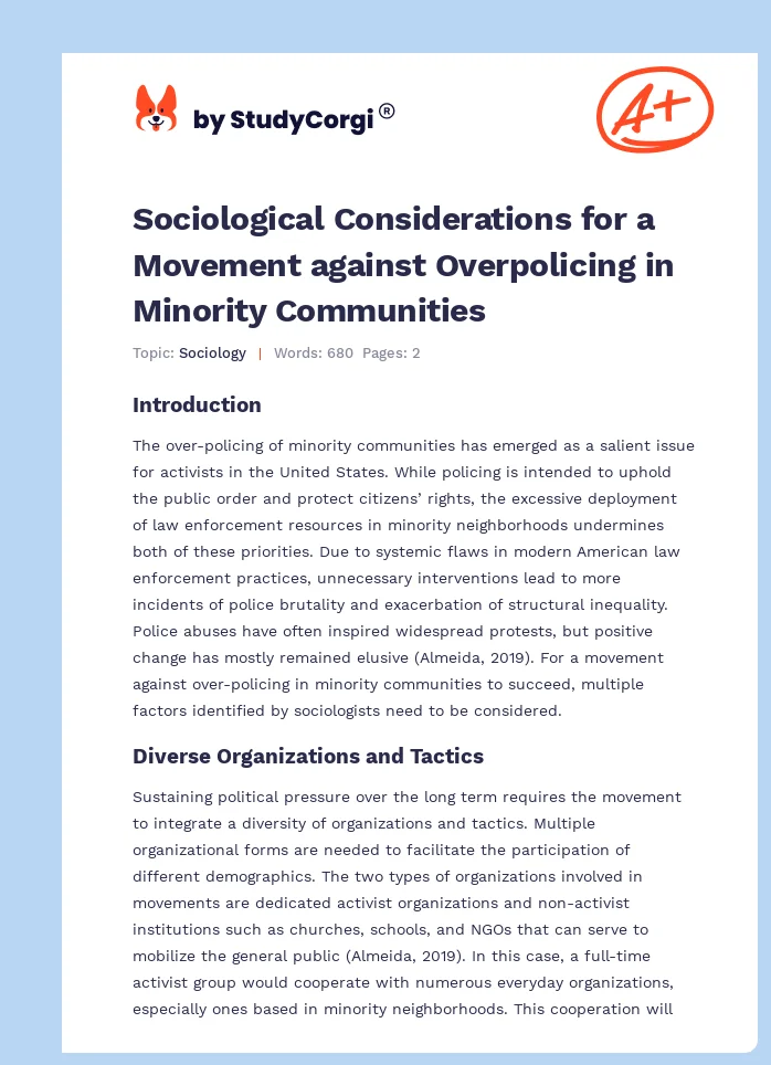 Sociological Considerations for a Movement against Overpolicing in Minority Communities. Page 1
