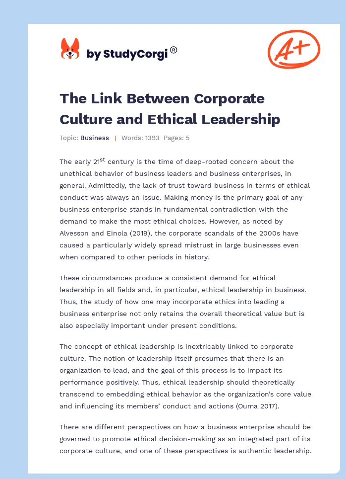 The Link Between Corporate Culture and Ethical Leadership. Page 1