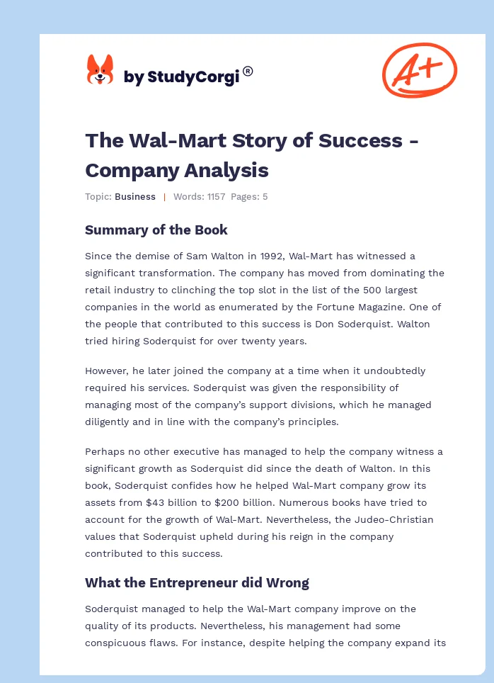The Wal-Mart Story of Success - Company Analysis. Page 1