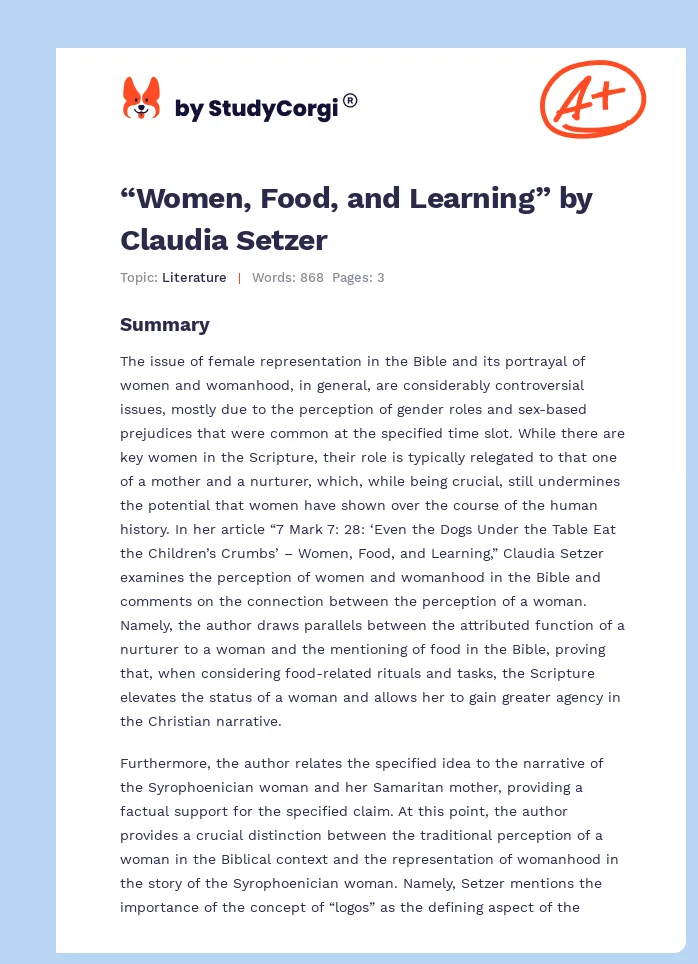 “Women, Food, and Learning” by Claudia Setzer. Page 1