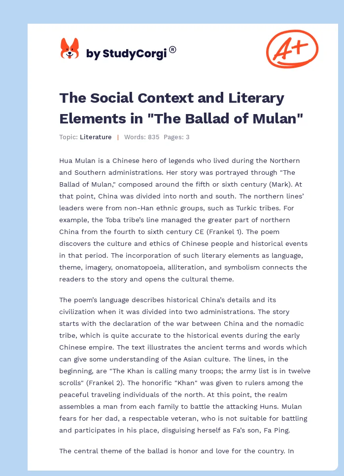 The Social Context and Literary Elements in "The Ballad of Mulan". Page 1