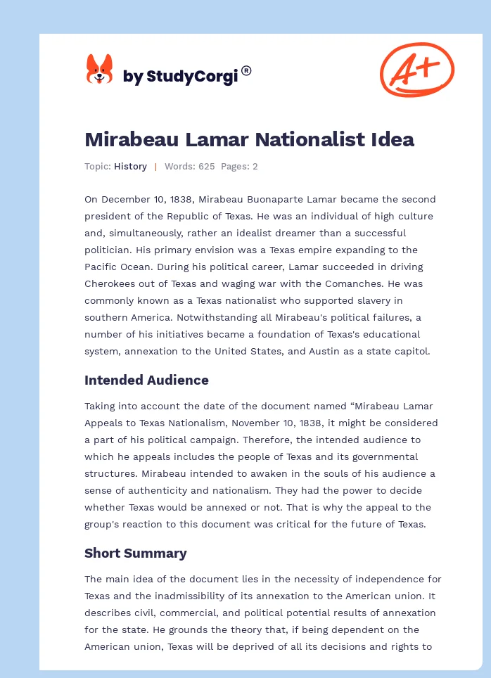 Mirabeau Lamar Nationalist Idea. Page 1