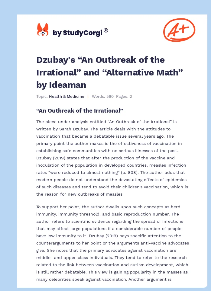 Dzubay's “An Outbreak of the Irrational” and “Alternative Math” by Ideaman. Page 1