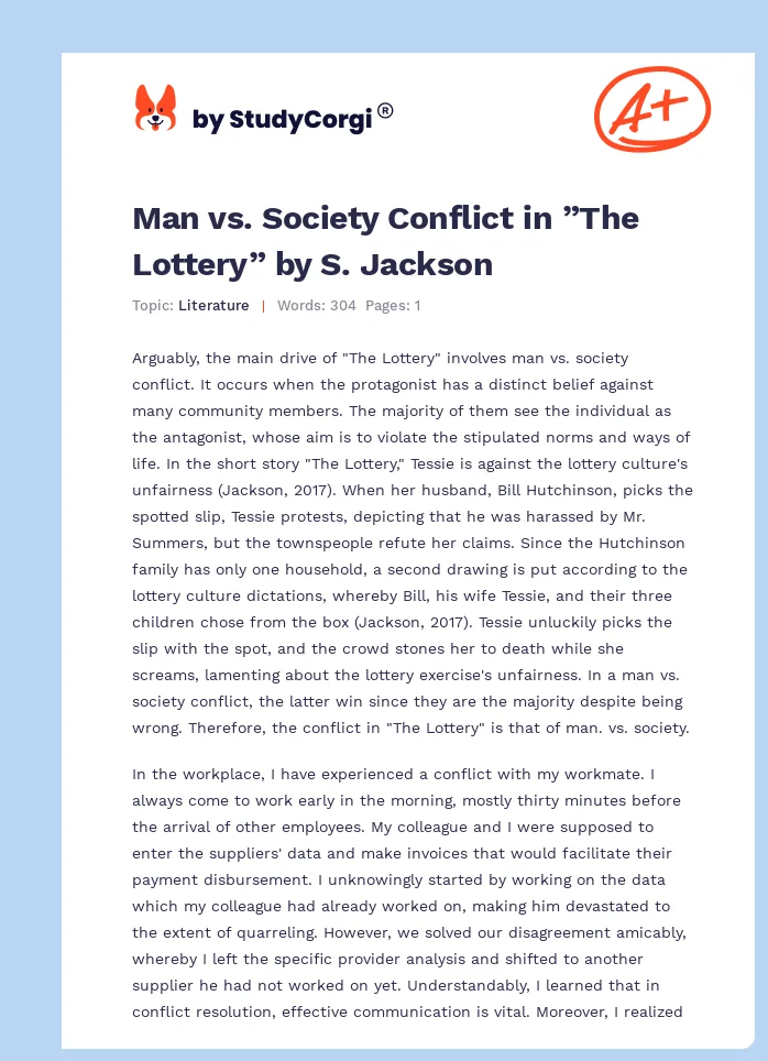 Man vs. Society Conflict in ”The Lottery” by S. Jackson. Page 1