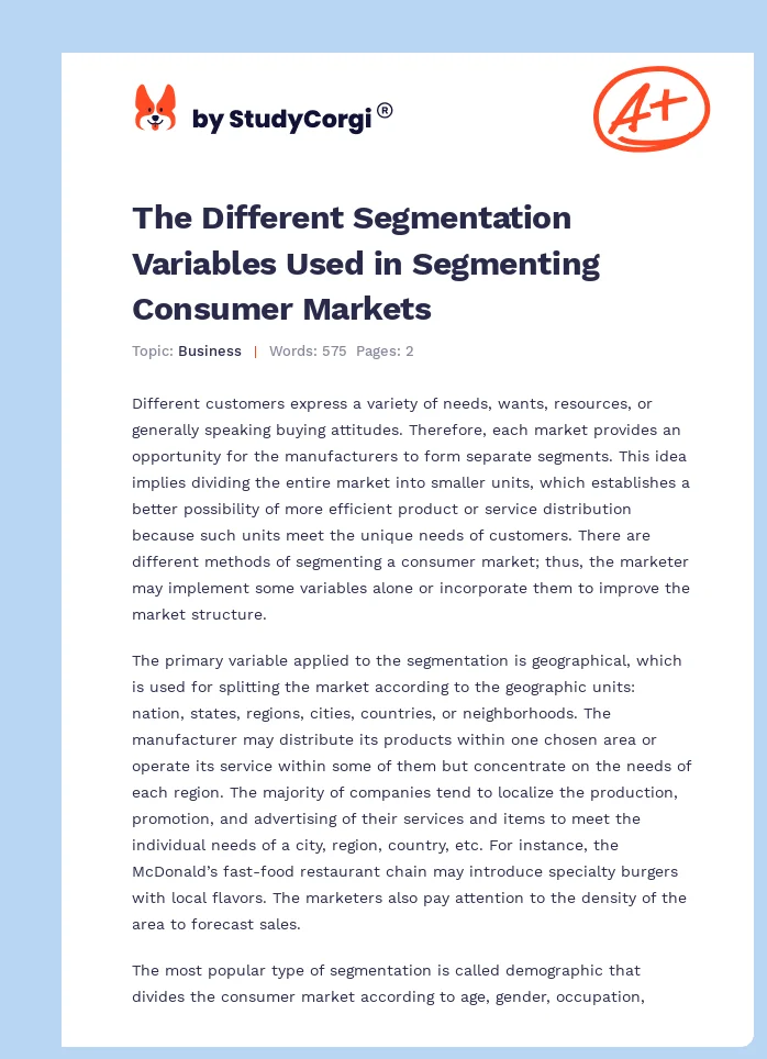The Different Segmentation Variables Used in Segmenting Consumer Markets. Page 1