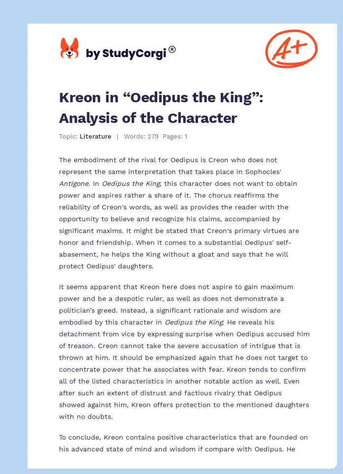 Kreon in “Oedipus the King”: Analysis of the Character. Page 1