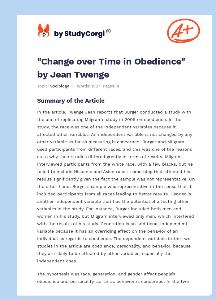 "Change over Time in Obedience" by Jean Twenge. Page 1